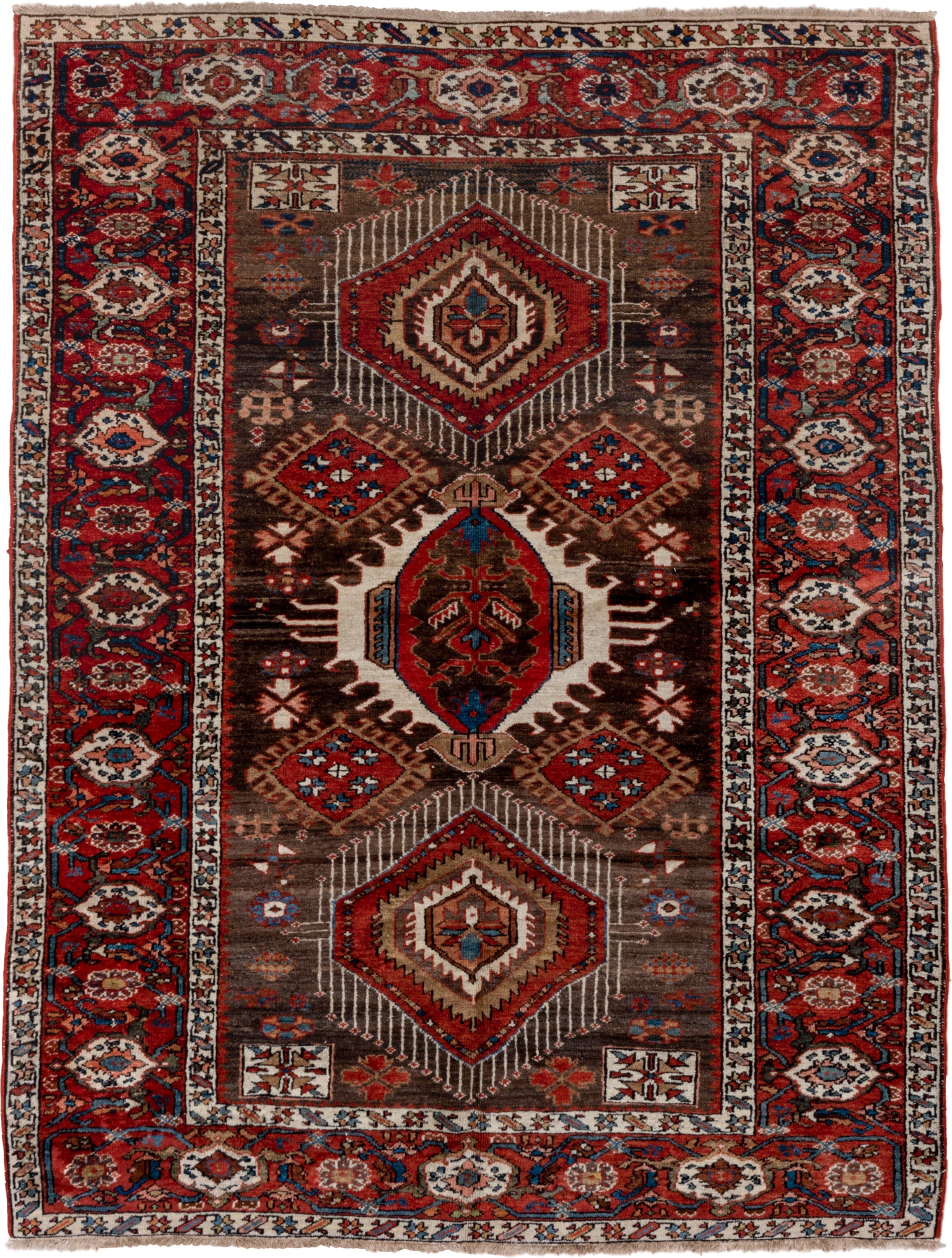 5' x 6' one-of-a-kind handmade antique Karaje rug. Color palette: rust, brown, ivory, indigo, navy, camel, crimson, taupe