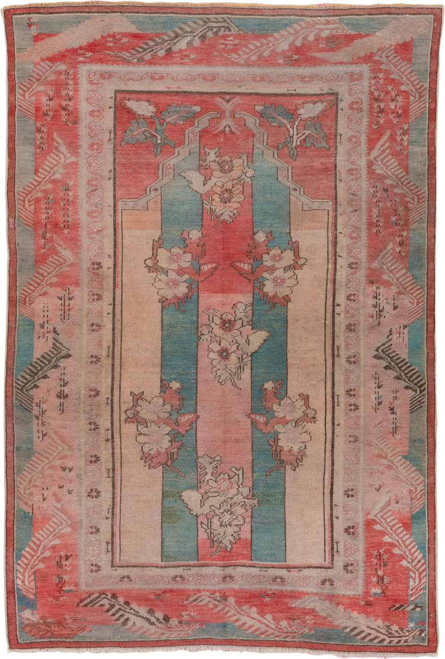 4' x 5' one-of-a-kind handmade antique Oushak small size rug. Color palette: coral, ivory, aqua, rose, taupe, charcoal