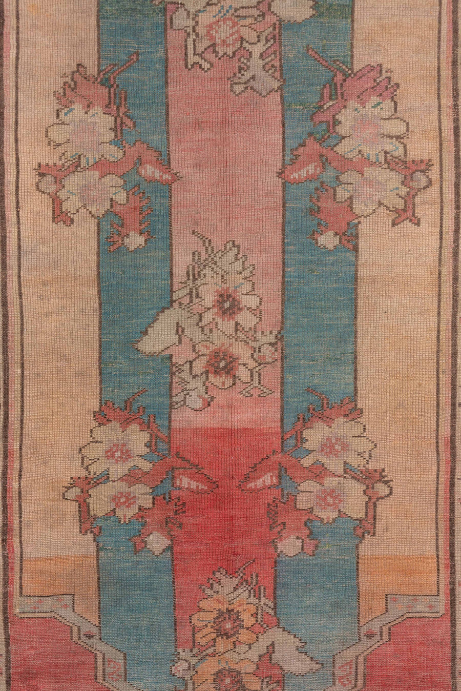 4' x 5' one-of-a-kind handmade antique Oushak small size rug. Color palette: coral, ivory, aqua, rose, taupe, charcoal