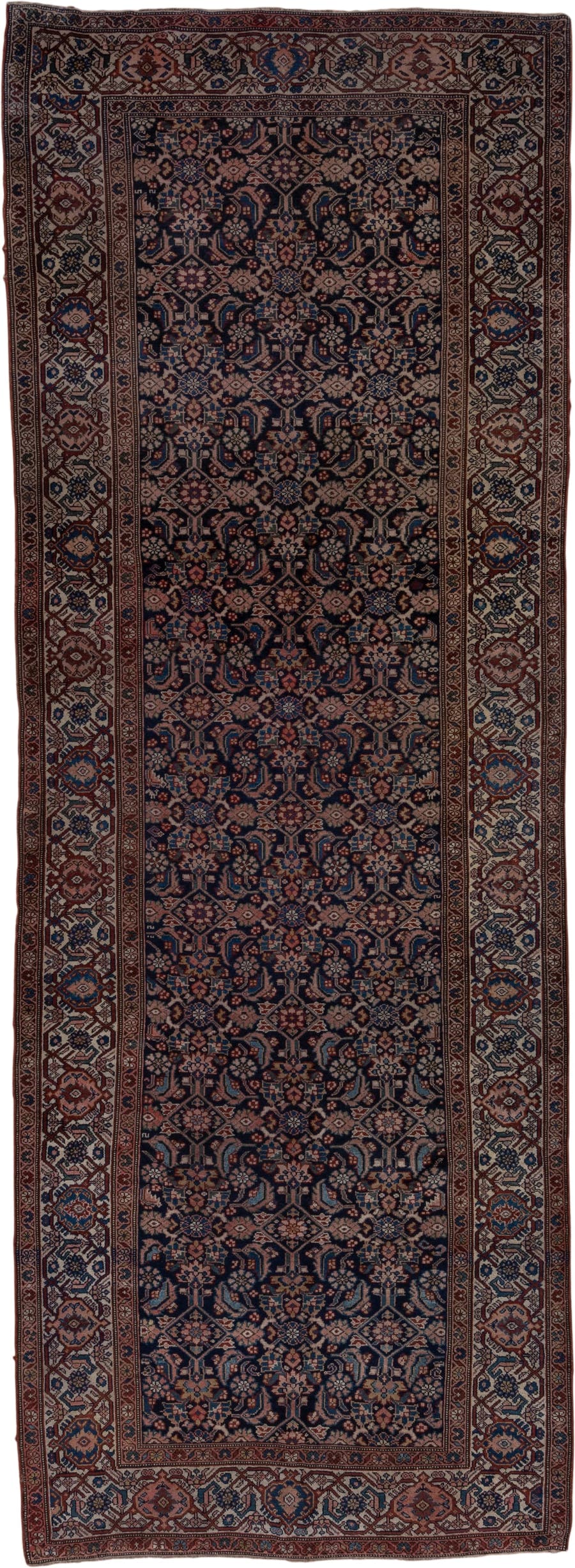 5' x 14' one-of-a-kind handmade antique Malayer rug. Color palette: navy, ivory, rust, indigo, camel, rose, sienna, blue