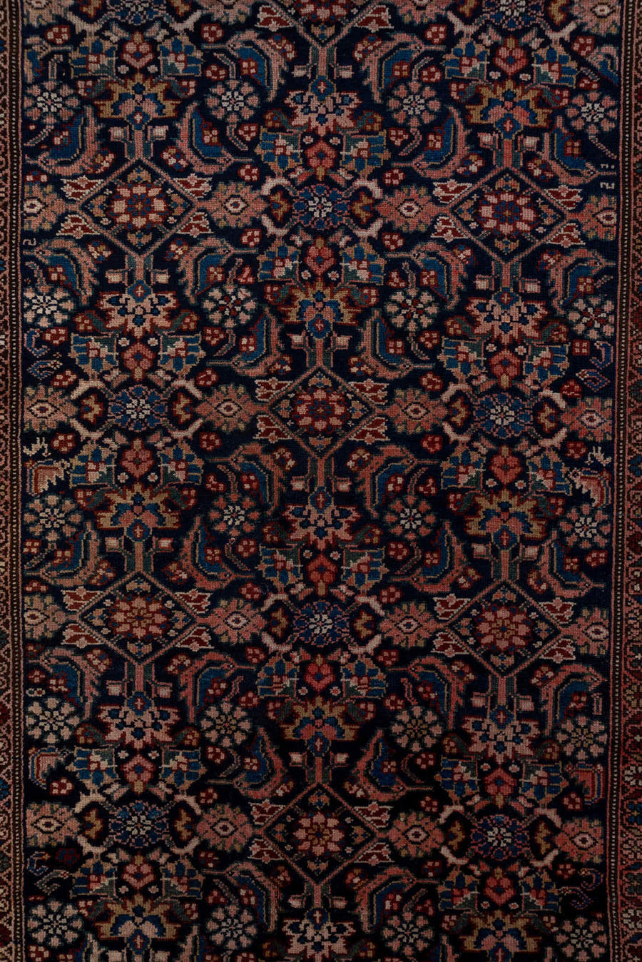 5' x 14' one-of-a-kind handmade antique Malayer rug. Color palette: navy, ivory, rust, indigo, camel, rose, sienna, blue