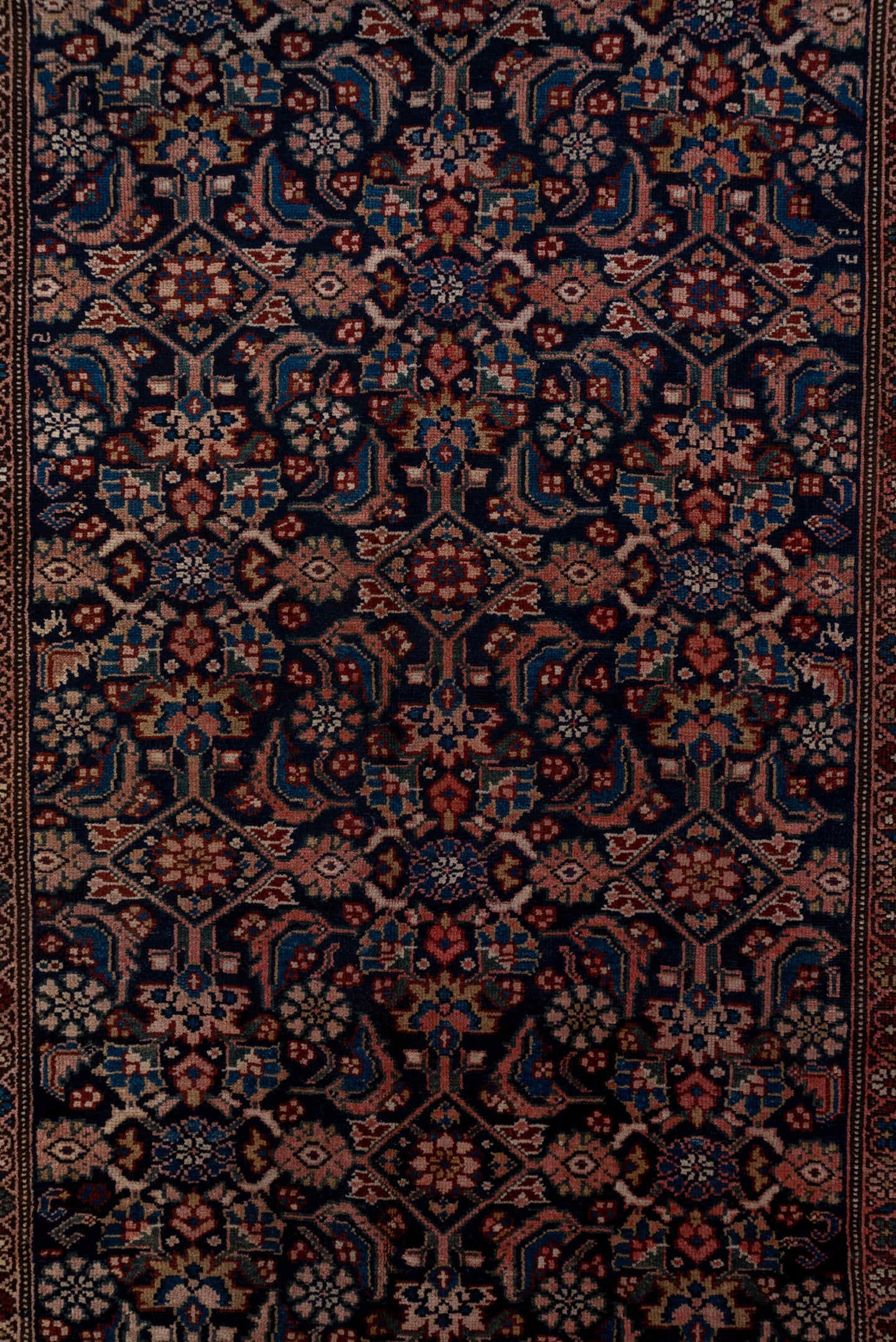 5' x 14' one-of-a-kind handmade antique Malayer rug. Color palette: navy, ivory, rust, indigo, camel, rose, sienna, blue