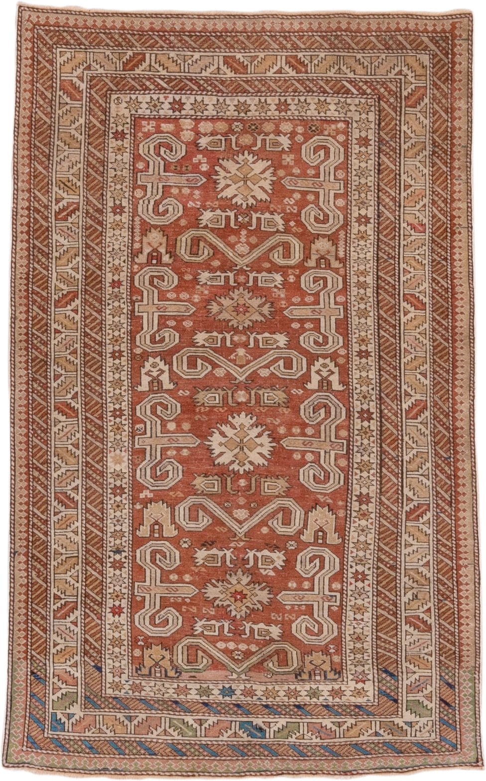 3' x 5' one-of-a-kind handmade antique Shirvan small size rug. Color palette: rust, ivory, camel, taupe, brown, blue, sage