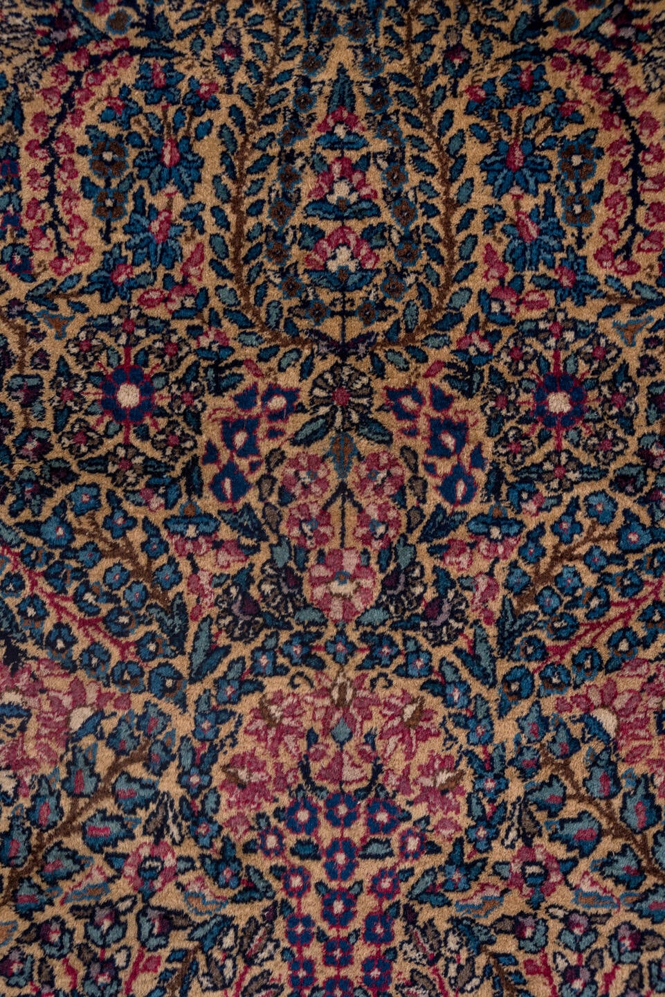 2' x 12' one-of-a-kind handmade antique Kerman runner rug. Color palette: navy, rose, ivory, soft blue, burgundy, taupe