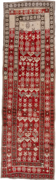 4' x 13' one-of-a-kind handmade antique Caucasian runner rug. Color palette: red, ivory, charcoal, taupe, sage, gray, black