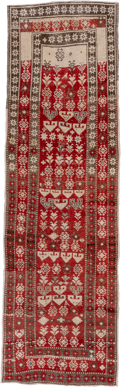 4' x 13' one-of-a-kind handmade antique Caucasian runner rug. Color palette: red, ivory, charcoal, taupe, sage, gray, black