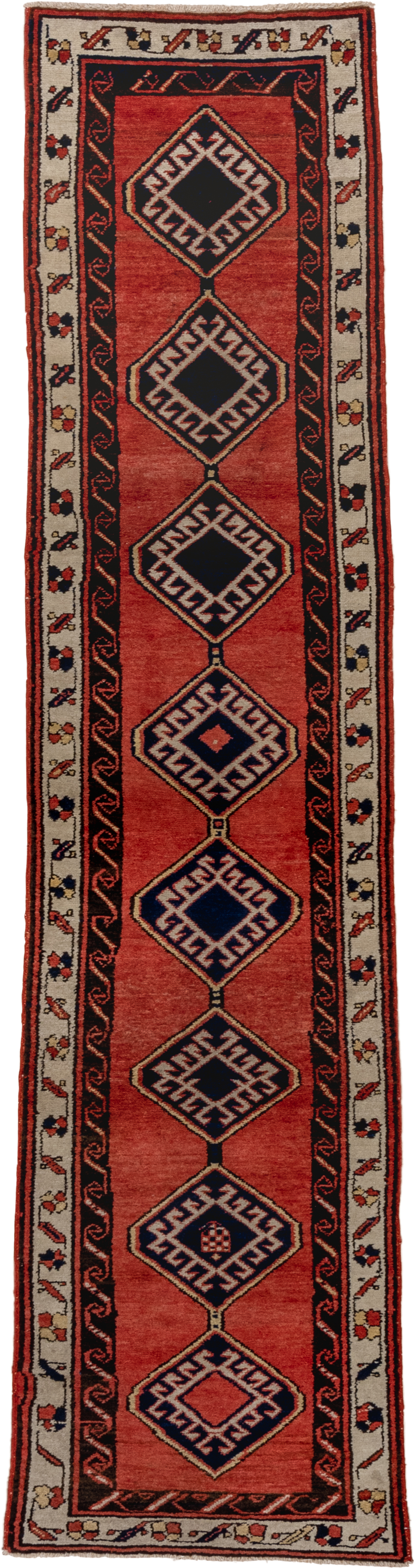 2' x 9' one-of-a-kind handmade antique Sarab runner rug. Color palette: terra cotta, ivory, navy, rust, charcoal, camel