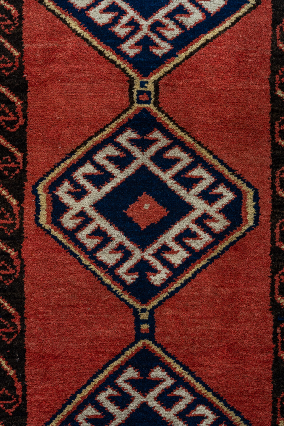 2' x 9' one-of-a-kind handmade antique Sarab runner rug. Color palette: terra cotta, ivory, navy, rust, charcoal, camel