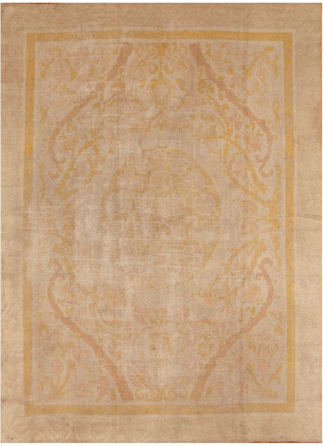 6' x 9' one-of-a-kind handmade antique Spanish rug. Color palette: beige, ivory, gold, sand, taupe, gray