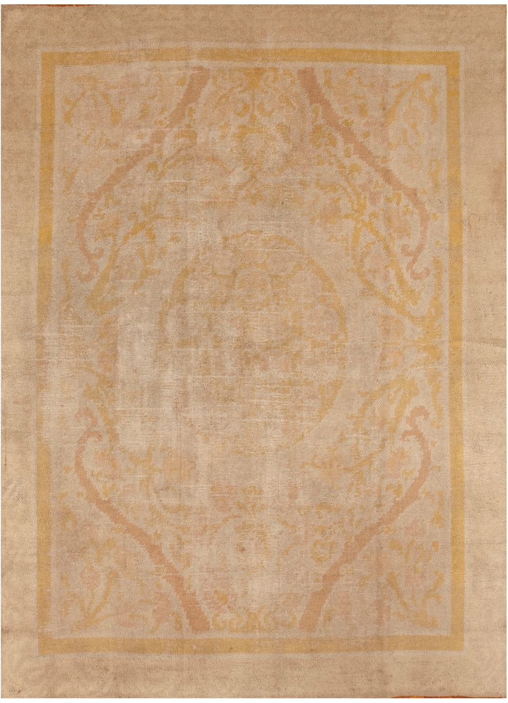 6' x 9' one-of-a-kind handmade antique Spanish rug. Color palette: beige, ivory, gold, sand, taupe, gray