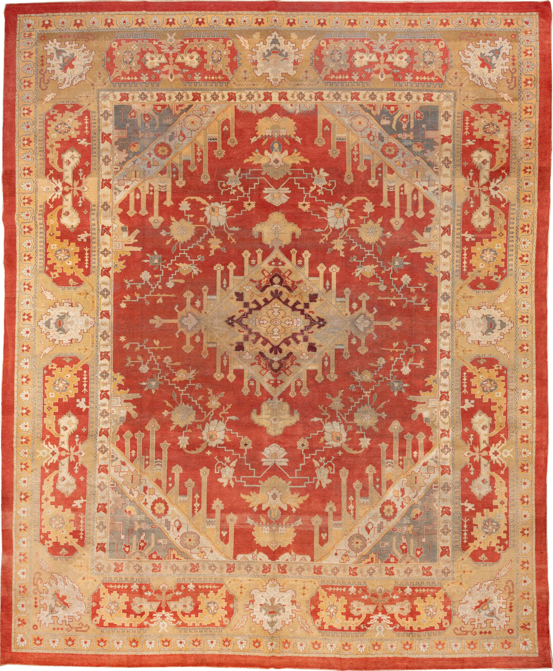 11' x 14' one-of-a-kind handmade vintage Amritzar oversize rug. Color palette: brown, burlywood, gray, off-white, orange