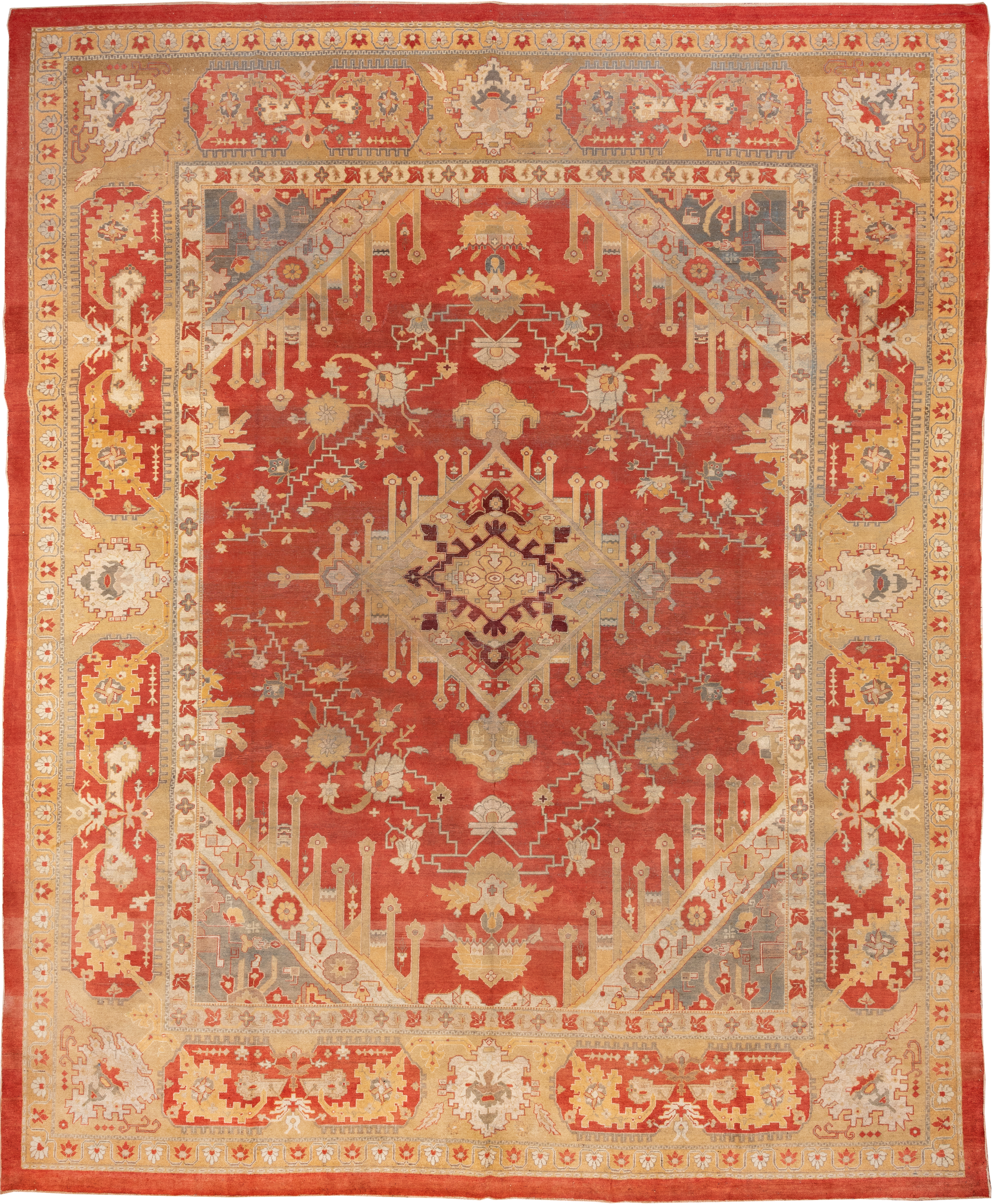 11' x 14' one-of-a-kind handmade antique Amritzar oversize rug. Color palette: terra cotta, camel, ivory, gold, slate, rust