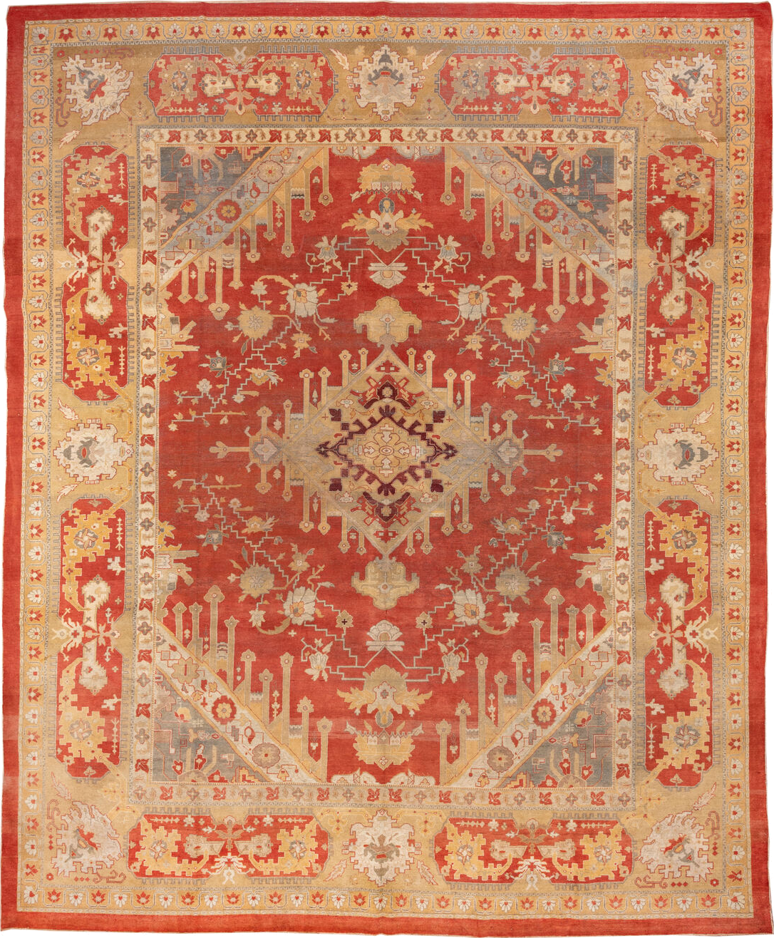 11' x 14' one-of-a-kind handmade vintage Amritzar oversize rug. Color palette: brown, burlywood, gray, off-white, orange