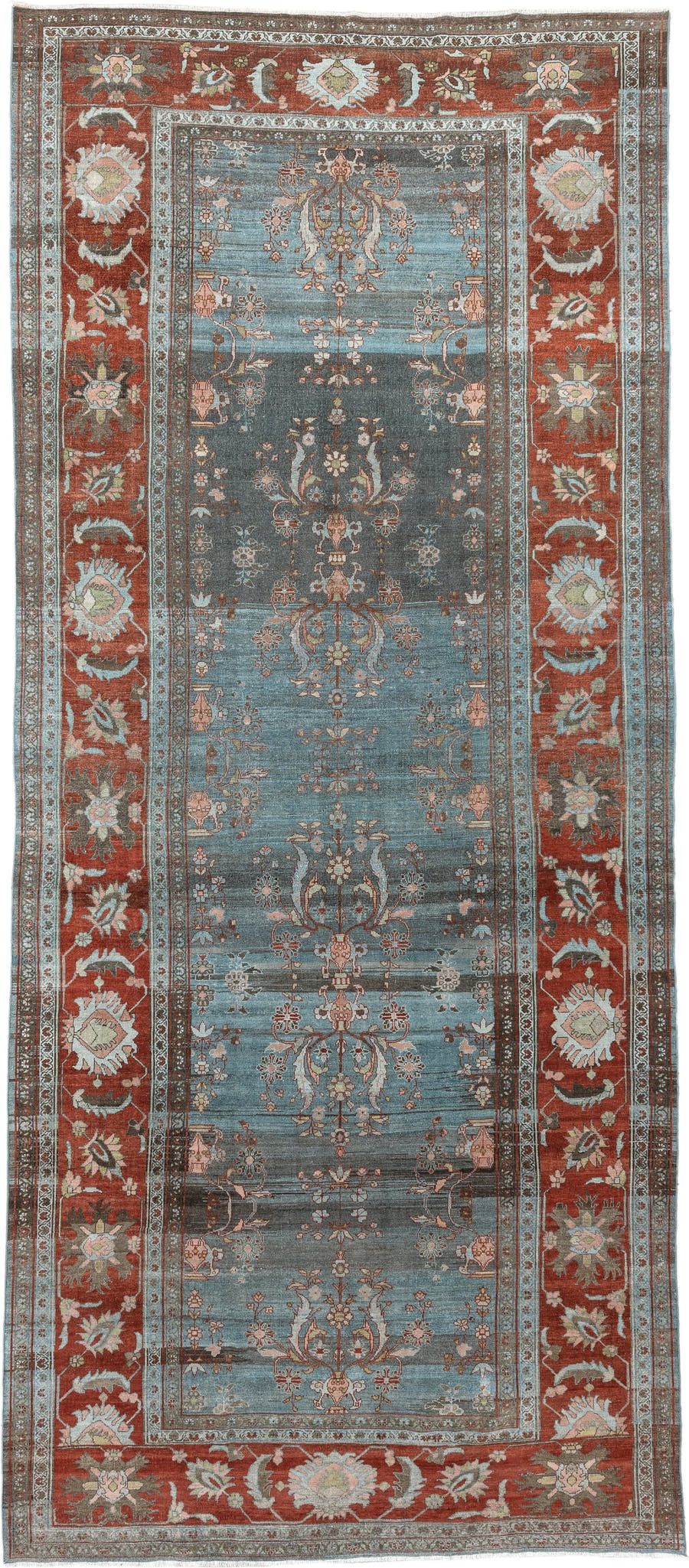 7' x 16' one-of-a-kind handmade antique Lilian rug. Color palette: blue, terracotta, ivory, slate, rose, taupe, charcoal