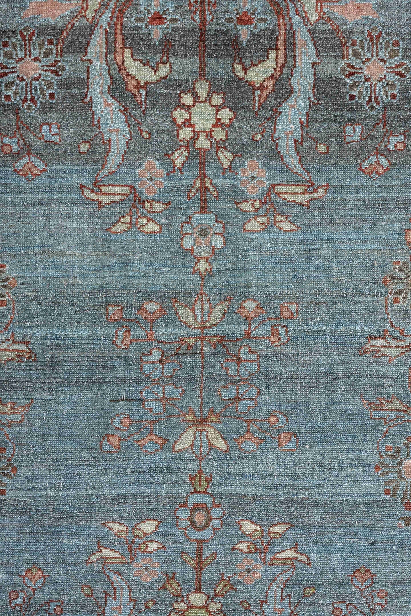 7' x 16' one-of-a-kind handmade antique Lilian rug. Color palette: blue, terracotta, ivory, slate, rose, taupe, charcoal
