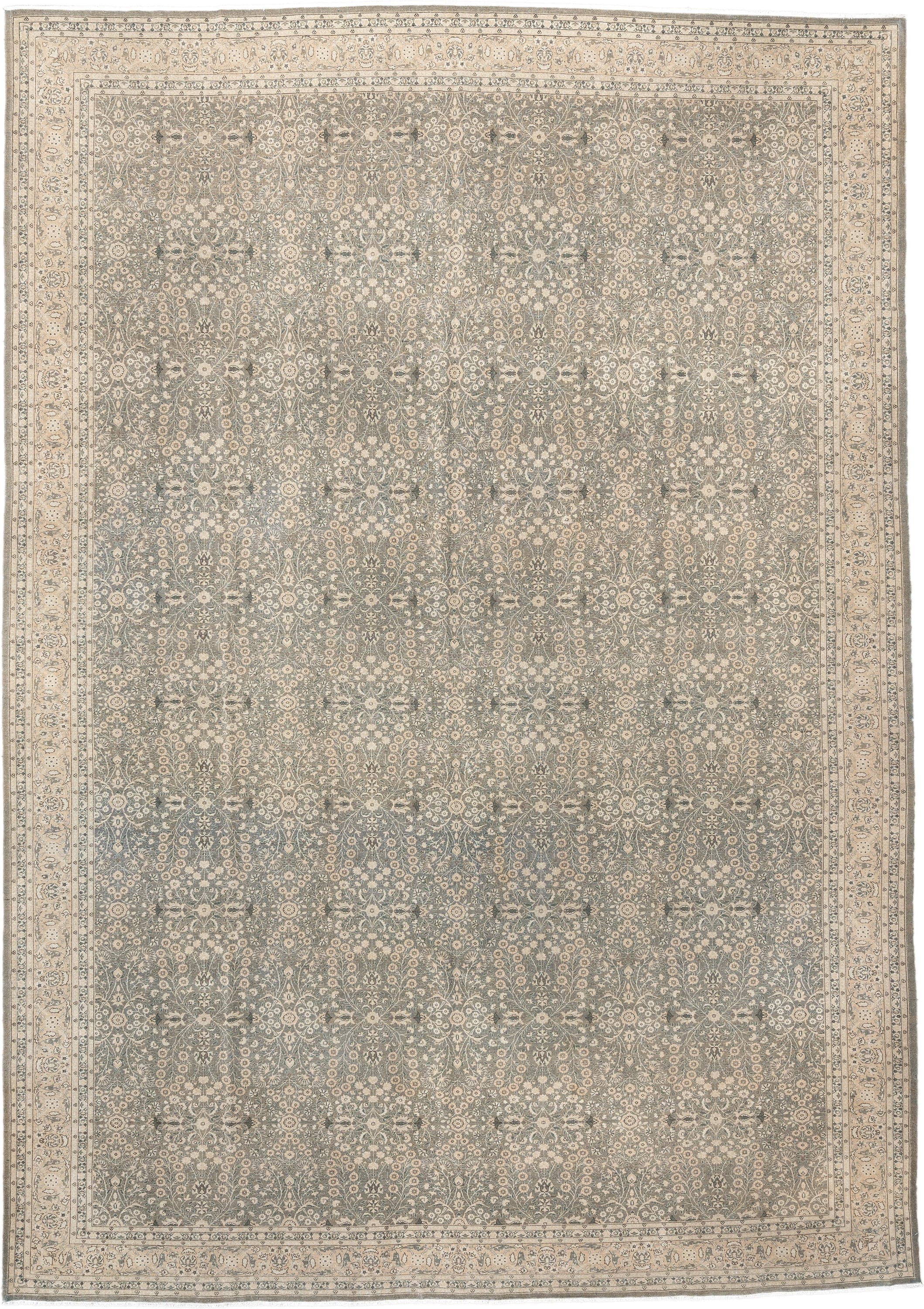 11' x 15' one-of-a-kind handmade antique Hereke oversize rug. Color palette: blue gray, ivory, taupe, sage, cream, slate