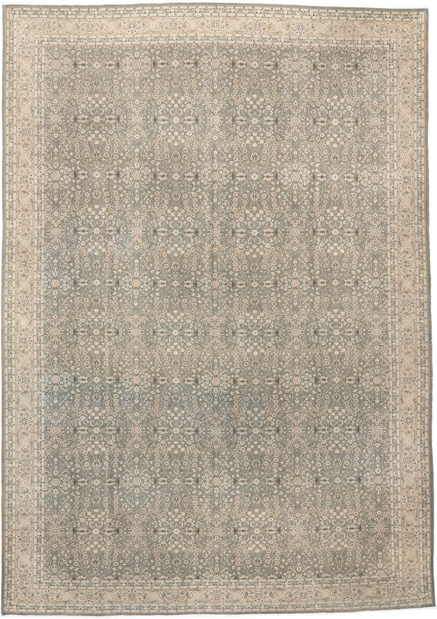 11' x 15' one-of-a-kind handmade antique Hereke oversize rug. Color palette: blue gray, ivory, taupe, sage, cream, slate