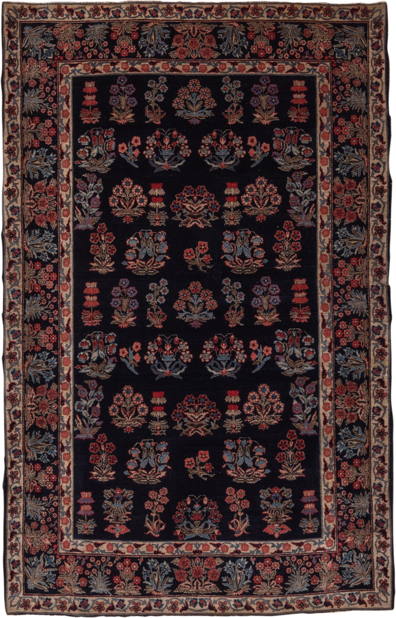 4' x 6' one-of-a-kind handmade vintage Far.Sarouk small size rug. Color palette: navy, ivory, rust, slate_blue, rose, taupe