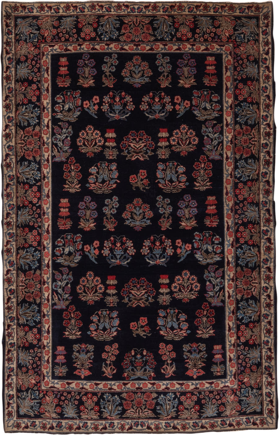4' x 6' one-of-a-kind handmade vintage Far.Sarouk small size rug. Color palette: navy, ivory, rust, slate_blue, rose, taupe