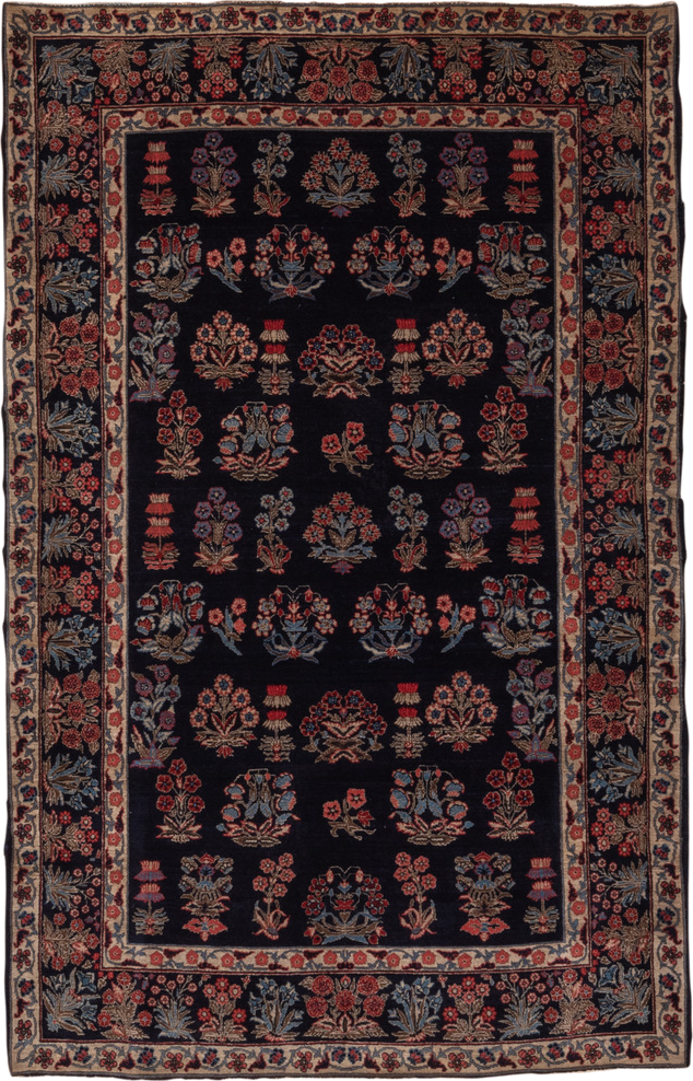 4' x 6' one-of-a-kind handmade vintage Far.Sarouk small size rug. Color palette: black, blue, brown, dim gray, gray, pink
