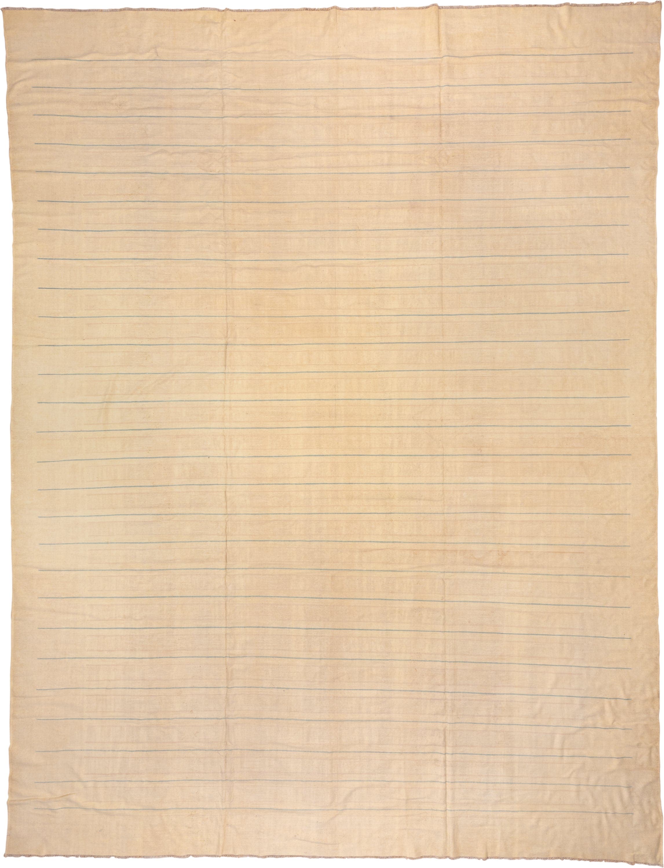 13' x 17' one-of-a-kind handmade antique Dhurrie oversize rug. Color palette: ivory, cream, pale blue, beige, light blue