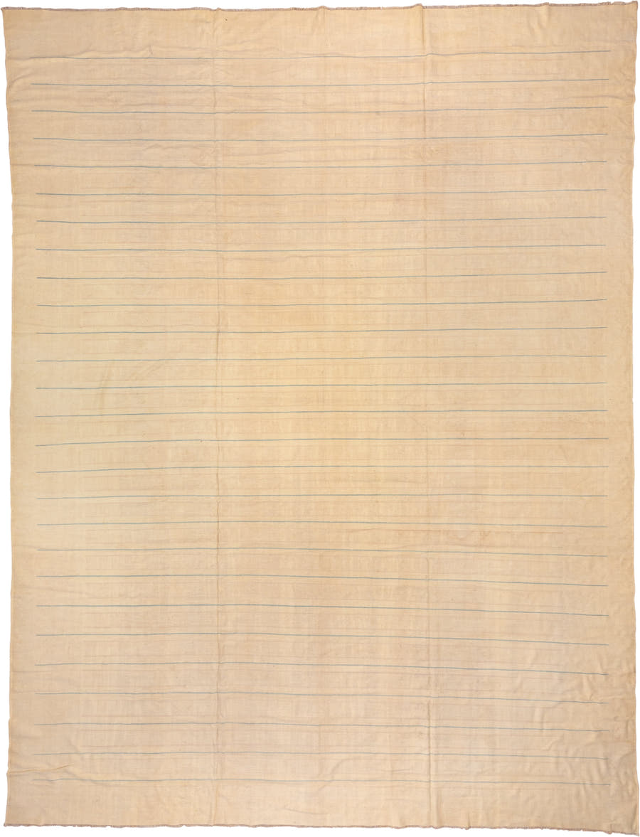 13' x 17' one-of-a-kind handmade antique Dhurrie oversize rug. Color palette: ivory, cream, pale blue, beige, light blue
