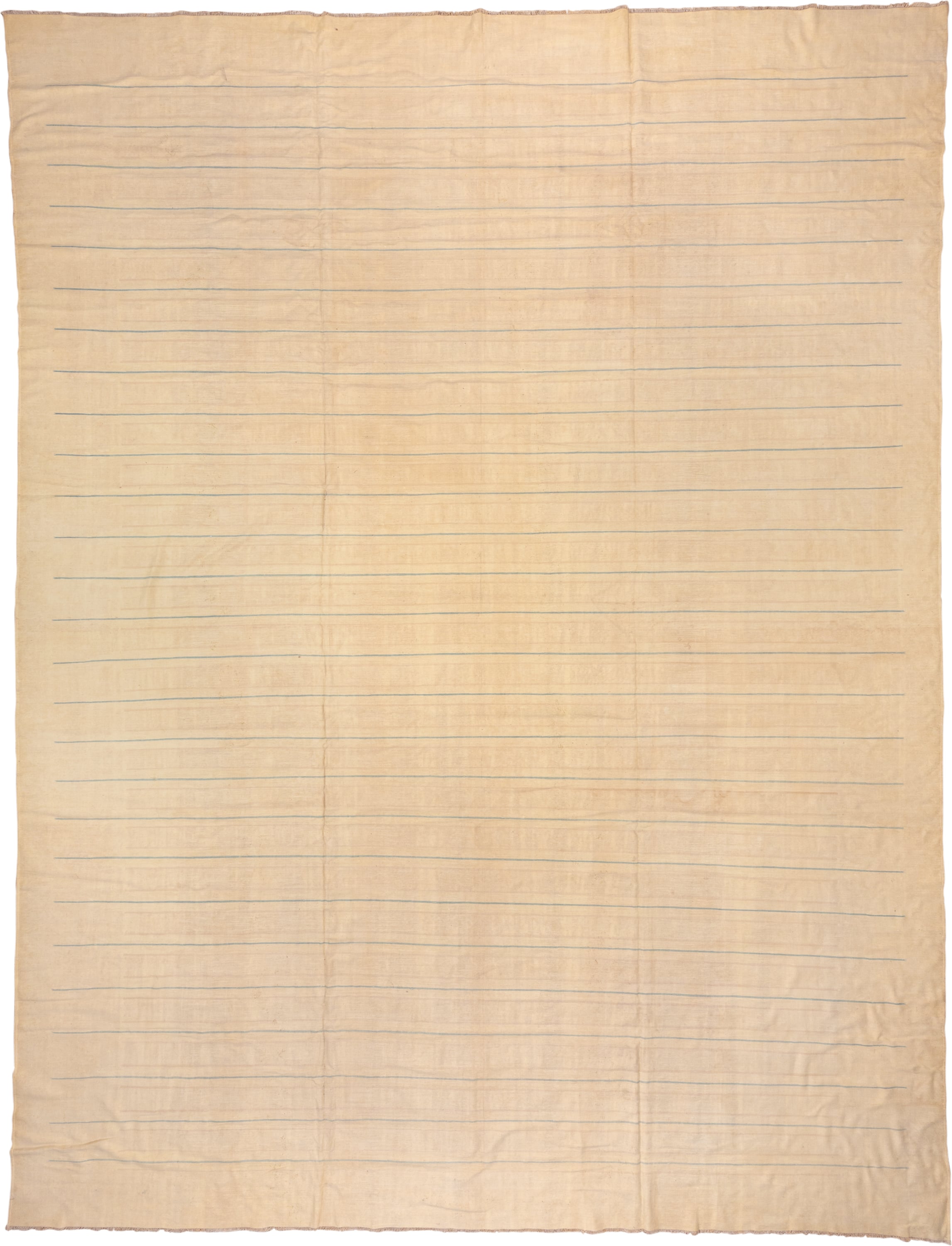 13' x 17' one-of-a-kind handmade antique Dhurrie oversize rug. Color palette: ivory, cream, pale blue, beige, light blue