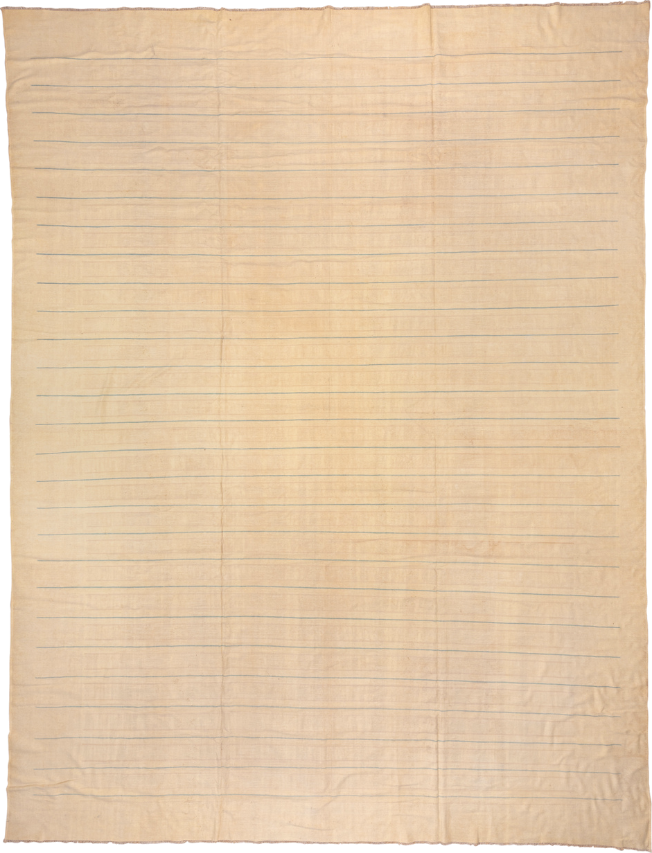 13' x 17' one-of-a-kind handmade antique Dhurrie oversize rug. Color palette: ivory, cream, pale blue, beige, light blue