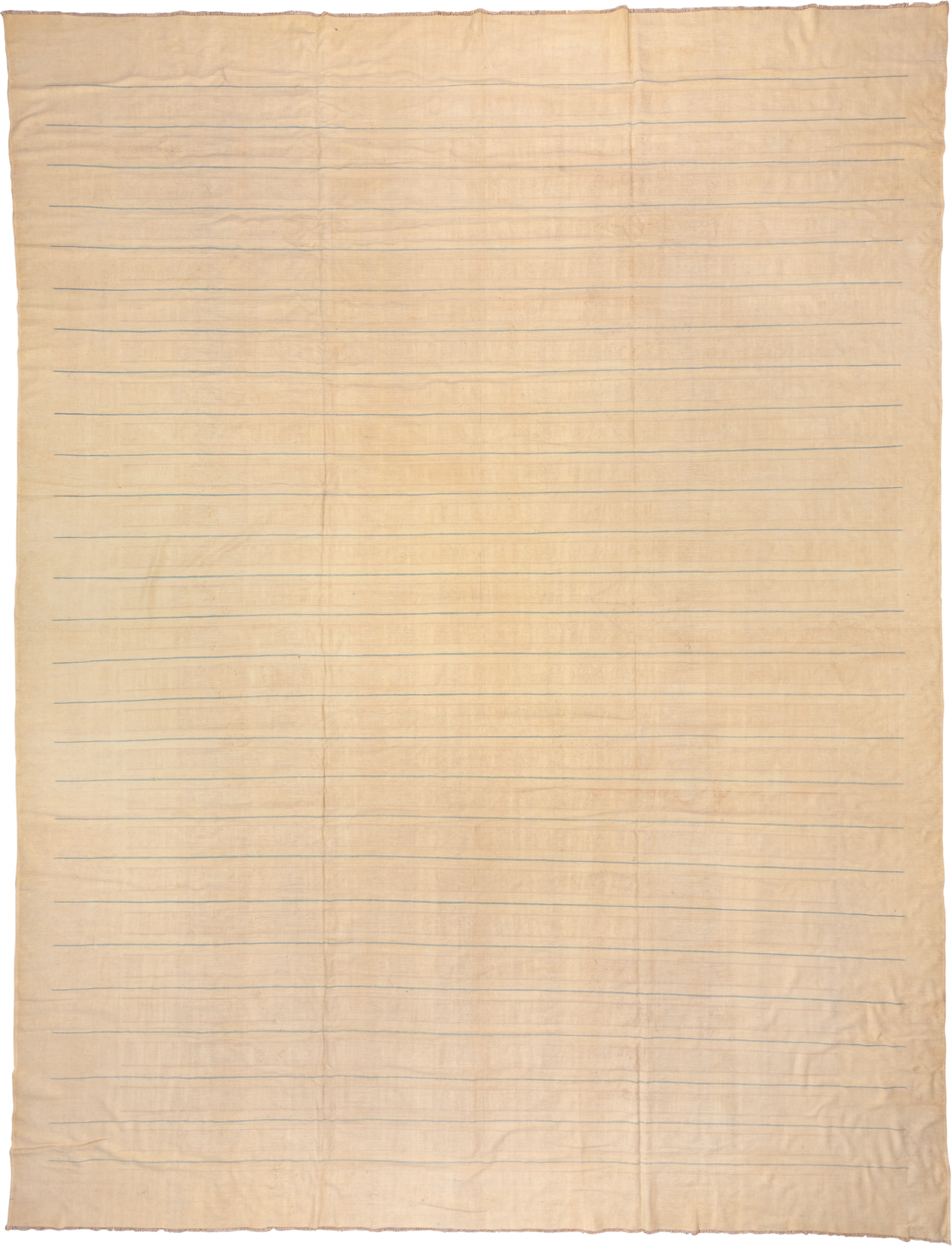 13' x 17' one-of-a-kind handmade antique Dhurrie oversize rug. Color palette: ivory, cream, pale blue, beige, light blue