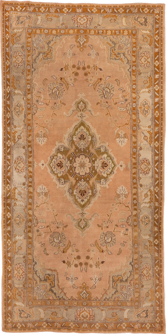 5' x 10' one-of-a-kind handmade vintage Agra medium size rug. Color palette: brown, gray, light gray, off-white, orange