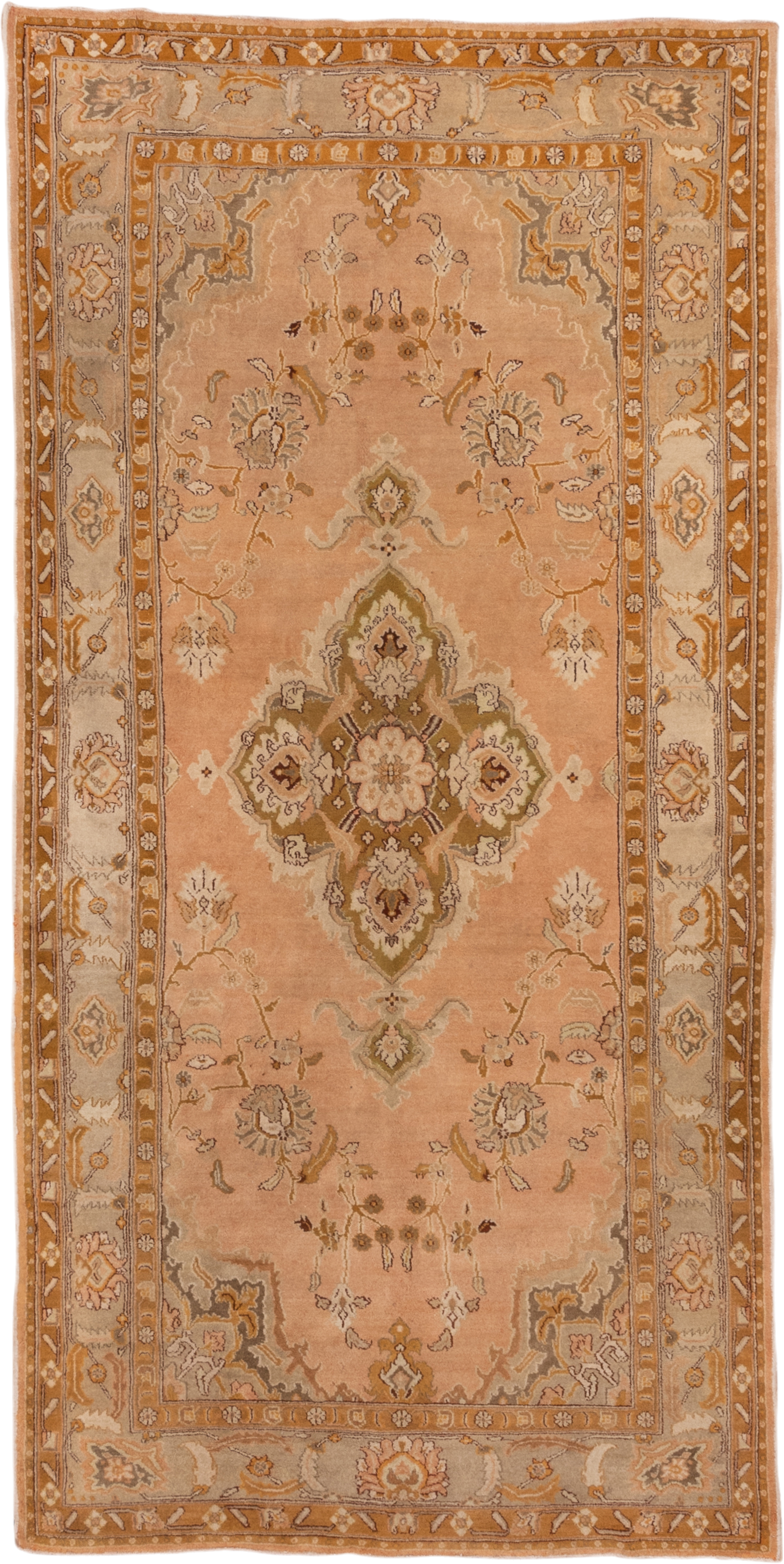 5' x 10' one-of-a-kind handmade antique Agra medium size rug. Color palette: peach, camel, ivory, taupe, gold, olive, brown