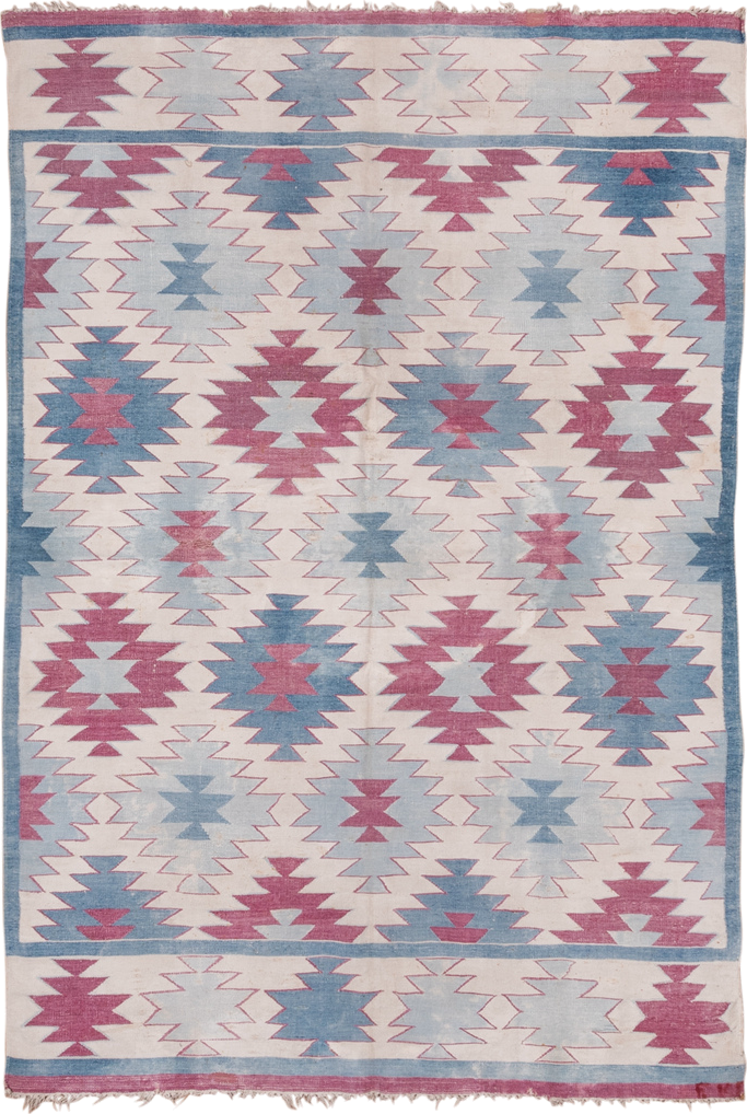 5' x 7' one-of-a-kind handmade antique Dhurrie rug. Color palette: ivory, sky blue, rose, dusty pink, light blue, pink, red
