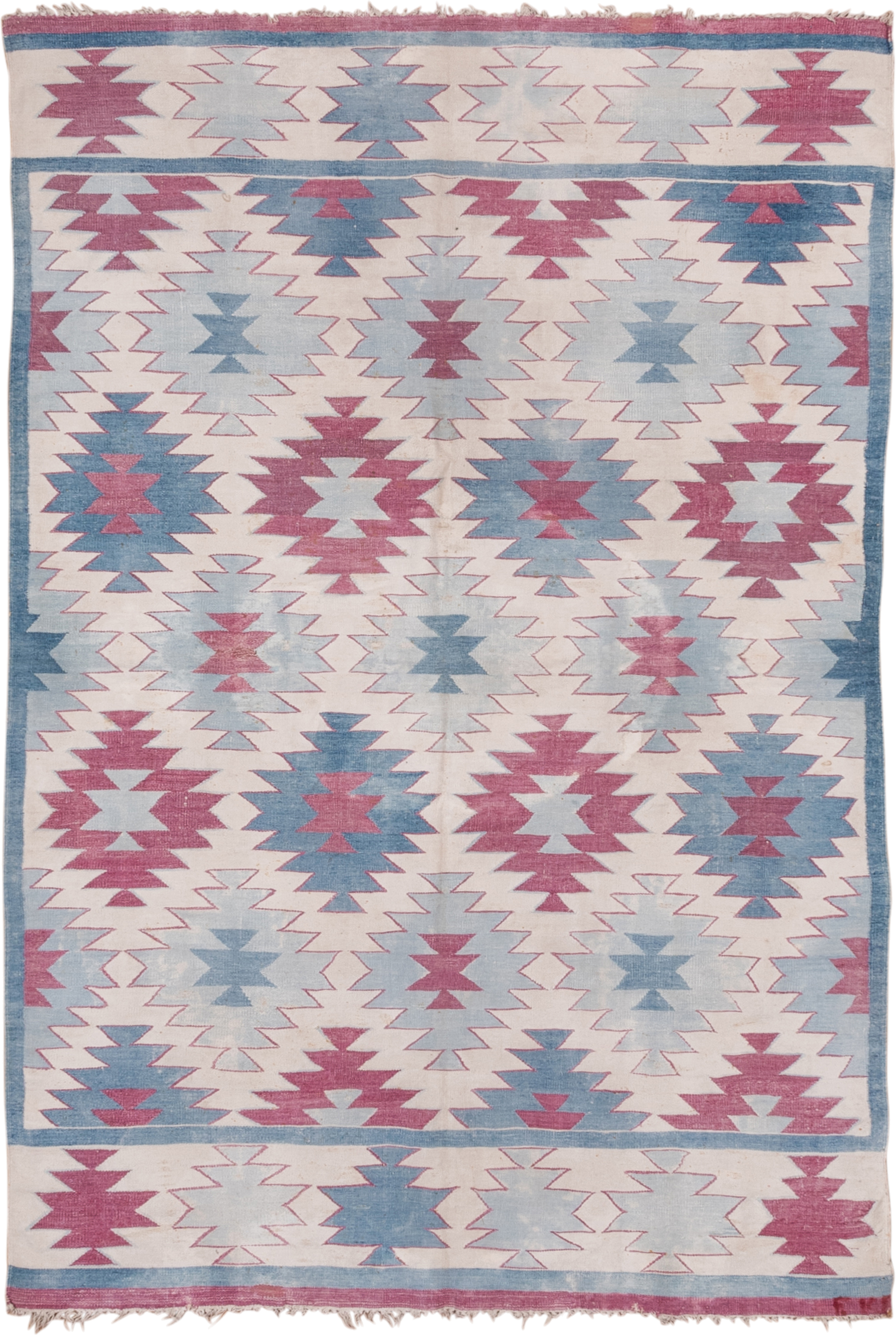 5' x 7' one-of-a-kind handmade antique Dhurrie rug. Color palette: ivory, sky blue, rose, dusty pink, light blue, pink, red