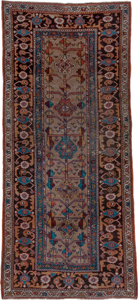 3' x 8' one-of-a-kind handmade antique Kurd runner rug. Color palette: ivory, brown, sky_blue, rust, navy, camel, rose