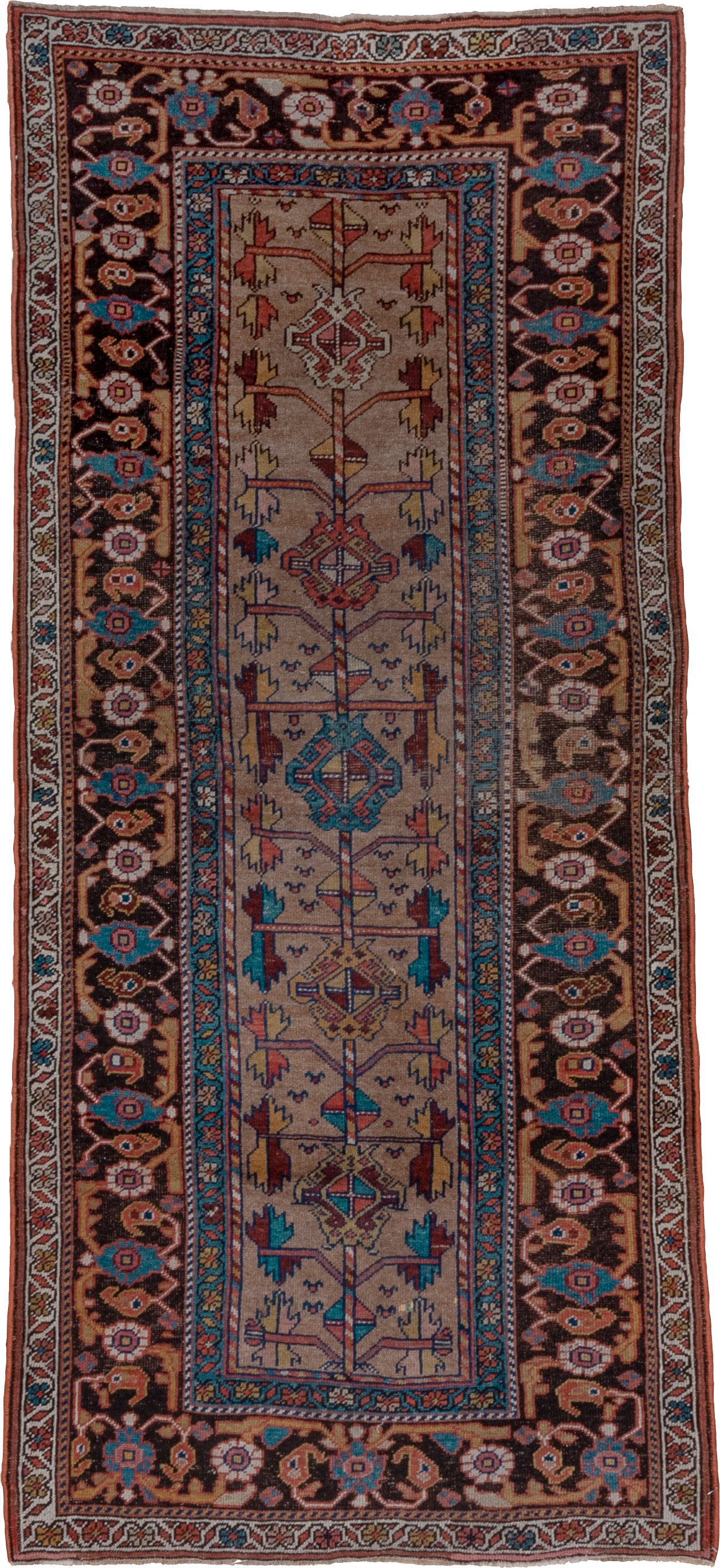 3' x 8' one-of-a-kind handmade antique Kurd runner rug. Color palette: ivory, brown, sky_blue, rust, navy, camel, rose