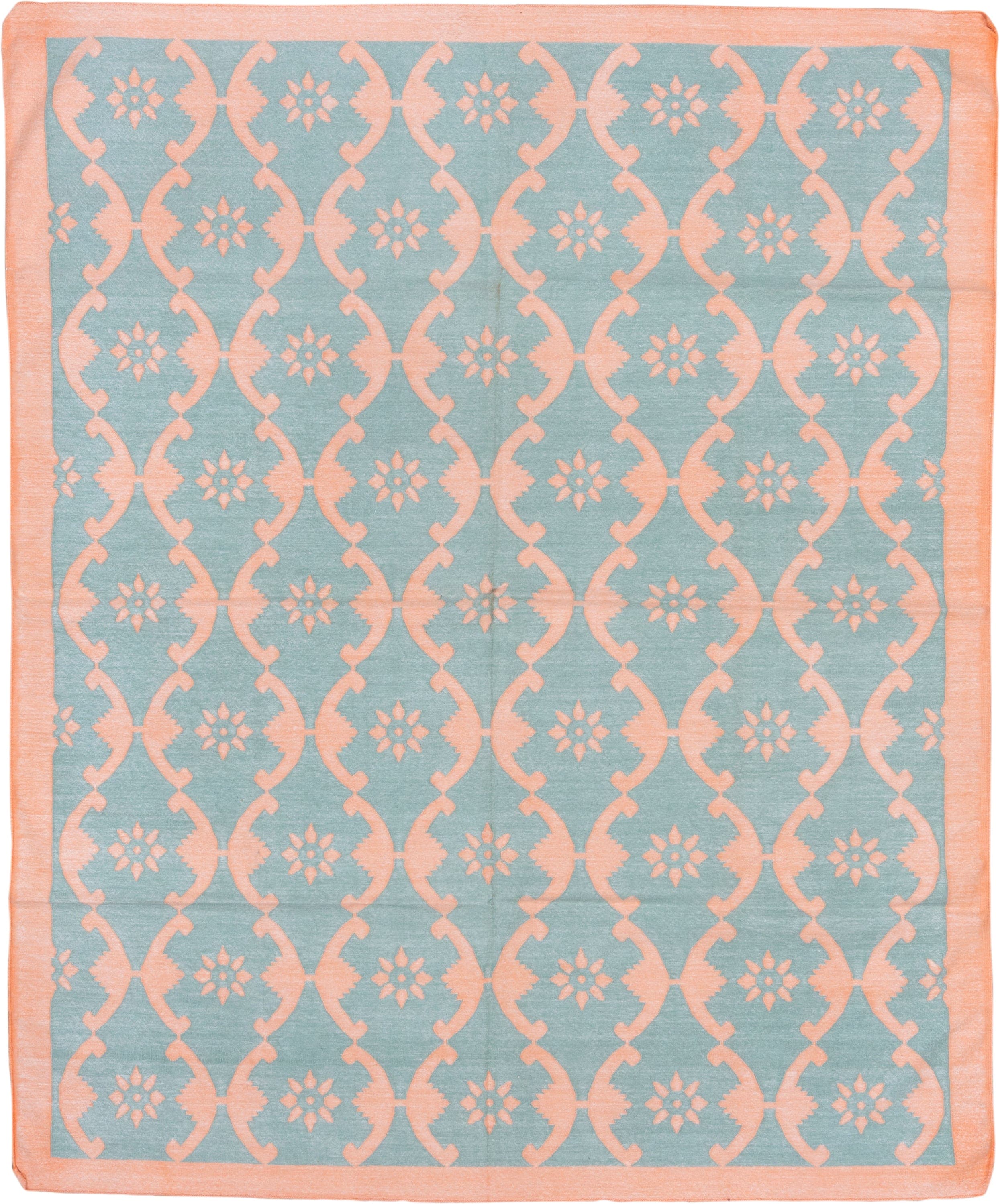 8' x 9' one-of-a-kind handmade vintage Dhurrie rug. Color palette: aqua, peach, ivory, teal, terracotta, pink
