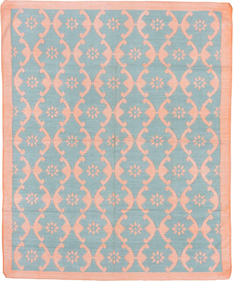 8' x 9' one-of-a-kind handmade vintage Dhurrie rug. Color palette: aqua, peach, ivory, teal, terracotta, pink