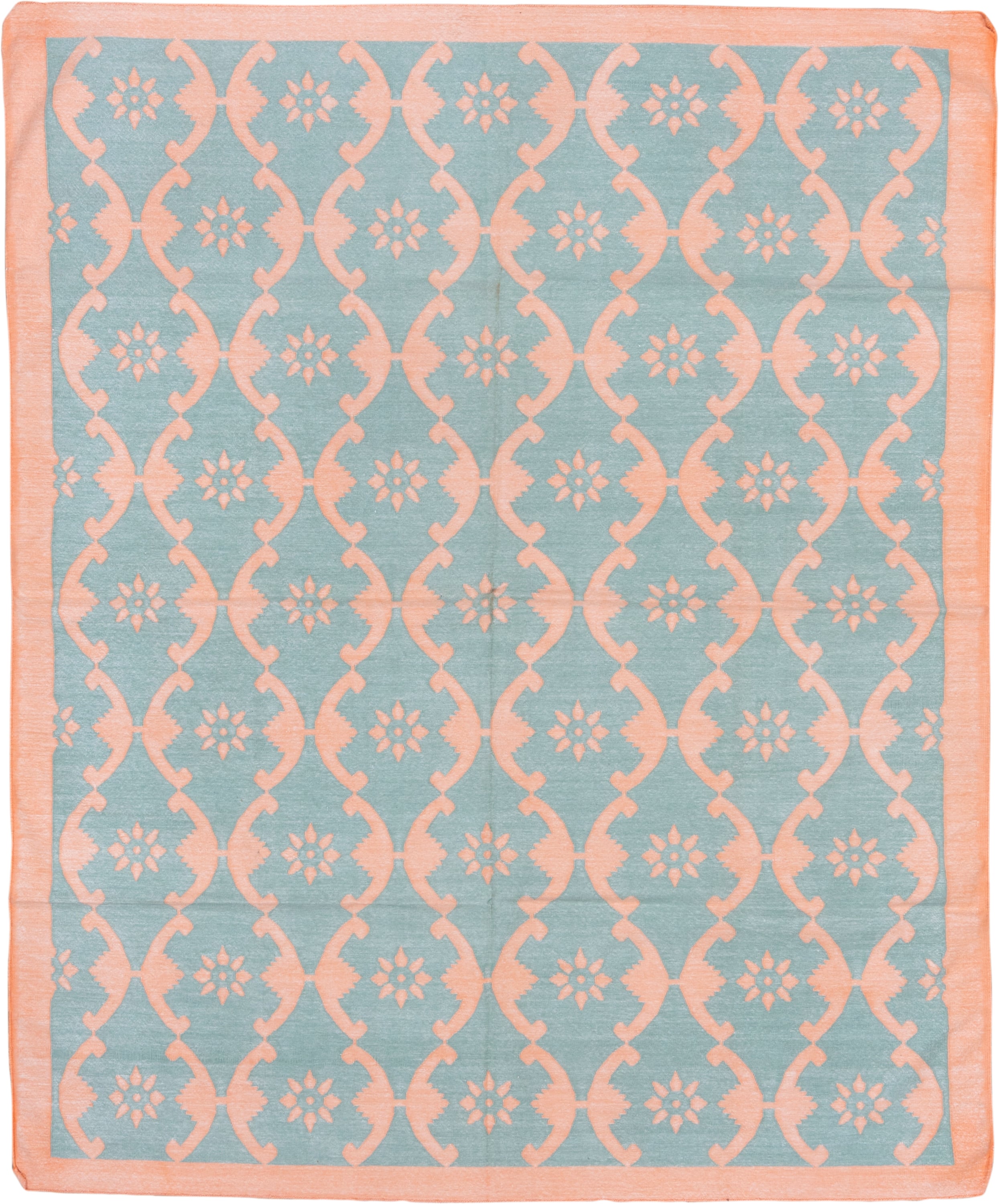 8' x 9' one-of-a-kind handmade vintage Dhurrie rug. Color palette: aqua, peach, ivory, teal, terracotta, pink