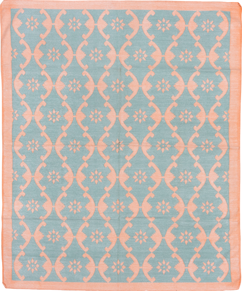 8' x 9' one-of-a-kind handmade vintage Dhurrie rug. Color palette: blue, dark gray, gray, light blue, light gray, off-white