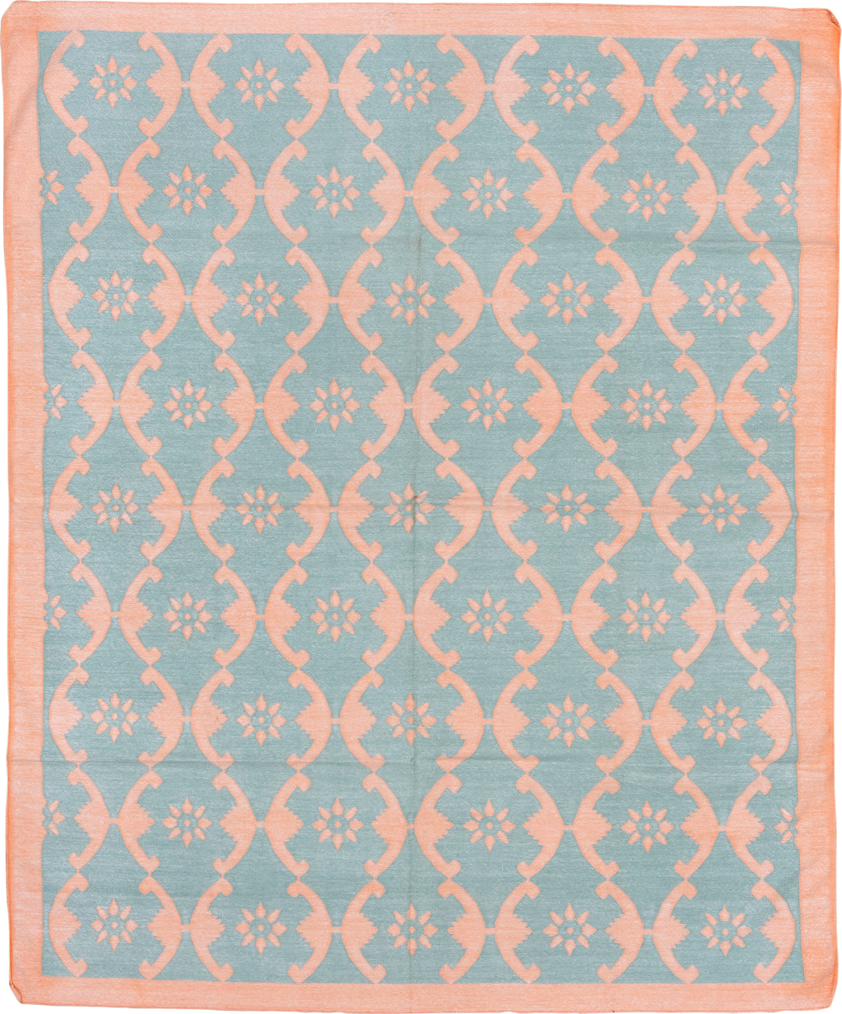 8' x 9' one-of-a-kind handmade vintage Dhurrie rug. Color palette: blue, dark gray, gray, light blue, light gray, off-white