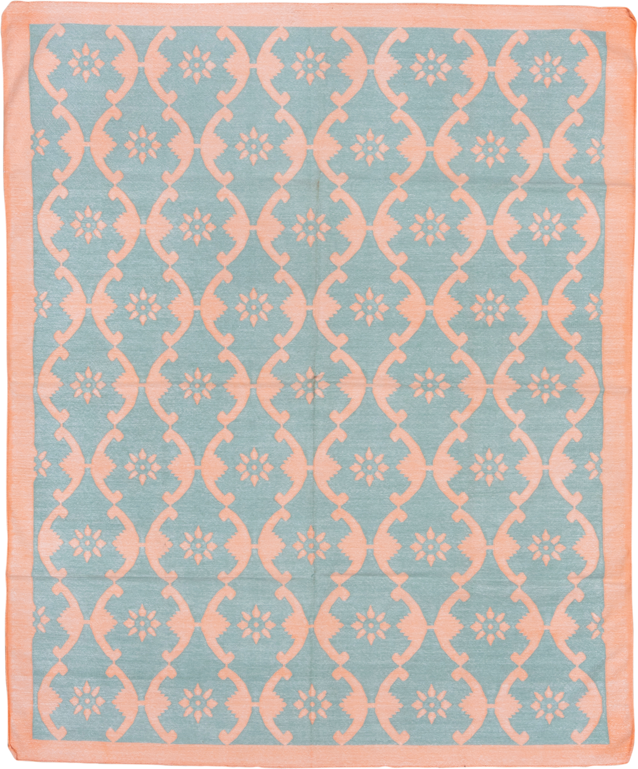 8' x 9' one-of-a-kind handmade vintage Dhurrie rug. Color palette: aqua, peach, ivory, teal, terracotta, pink