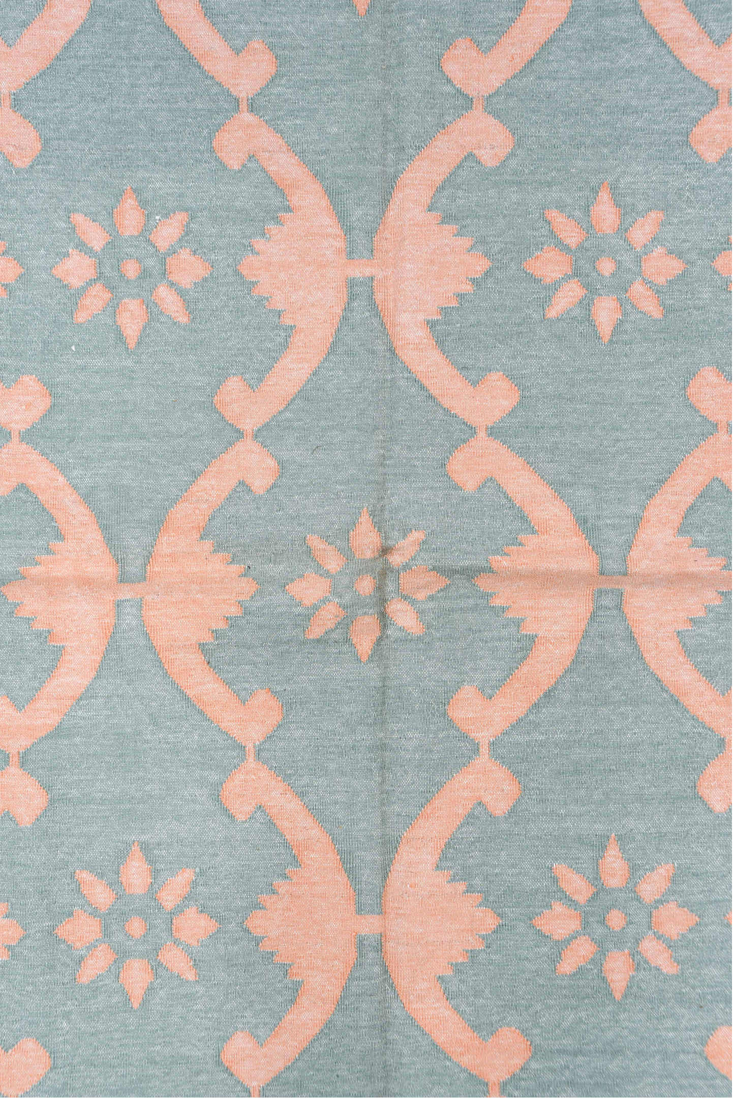 8' x 9' one-of-a-kind handmade vintage Dhurrie rug. Color palette: blue, dark gray, gray, light blue, light gray, off-white