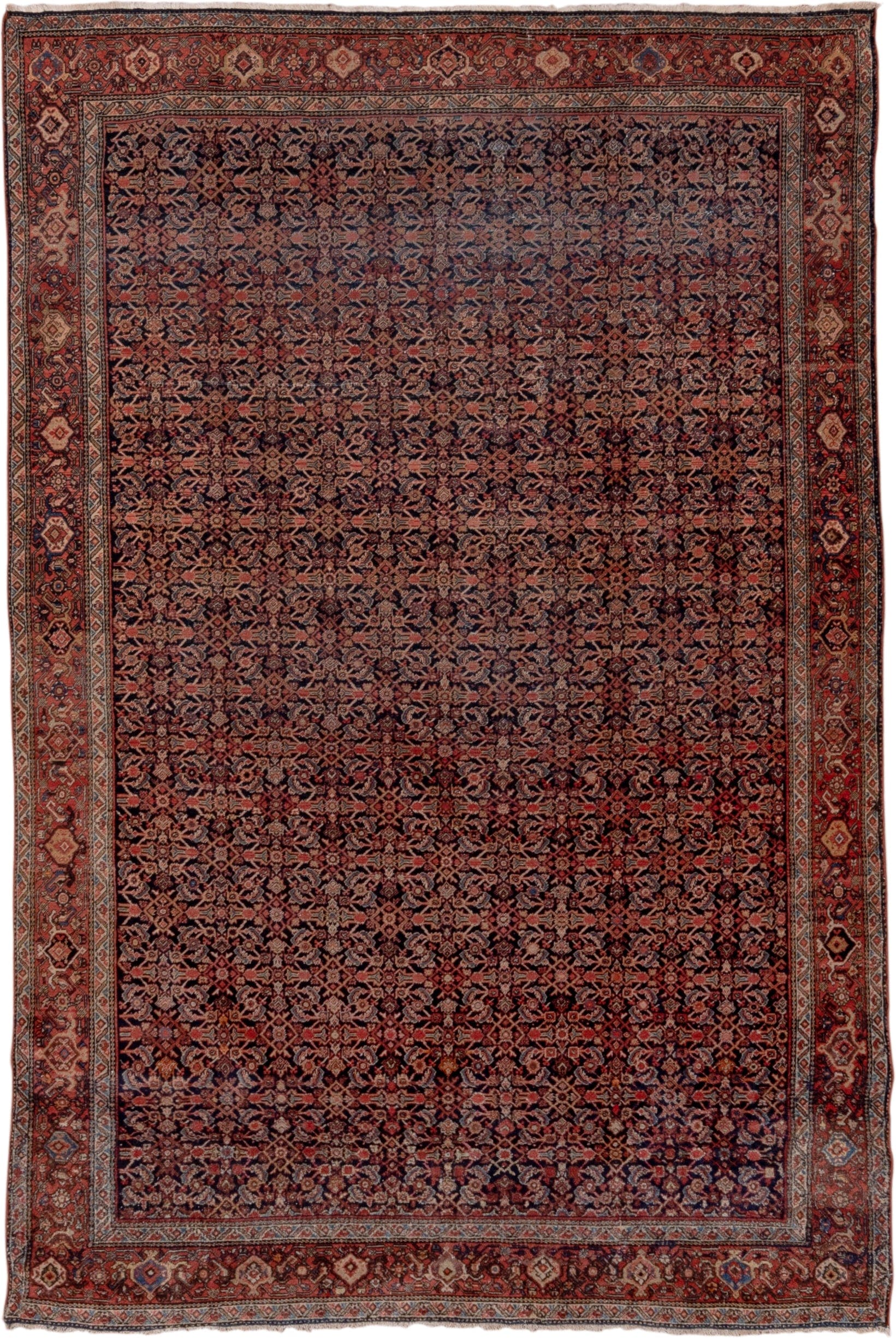 4' x 6' one-of-a-kind handmade vintage Far.Sarouk small size rug. Color palette: navy, rust, rose, ivory, burgundy, slate