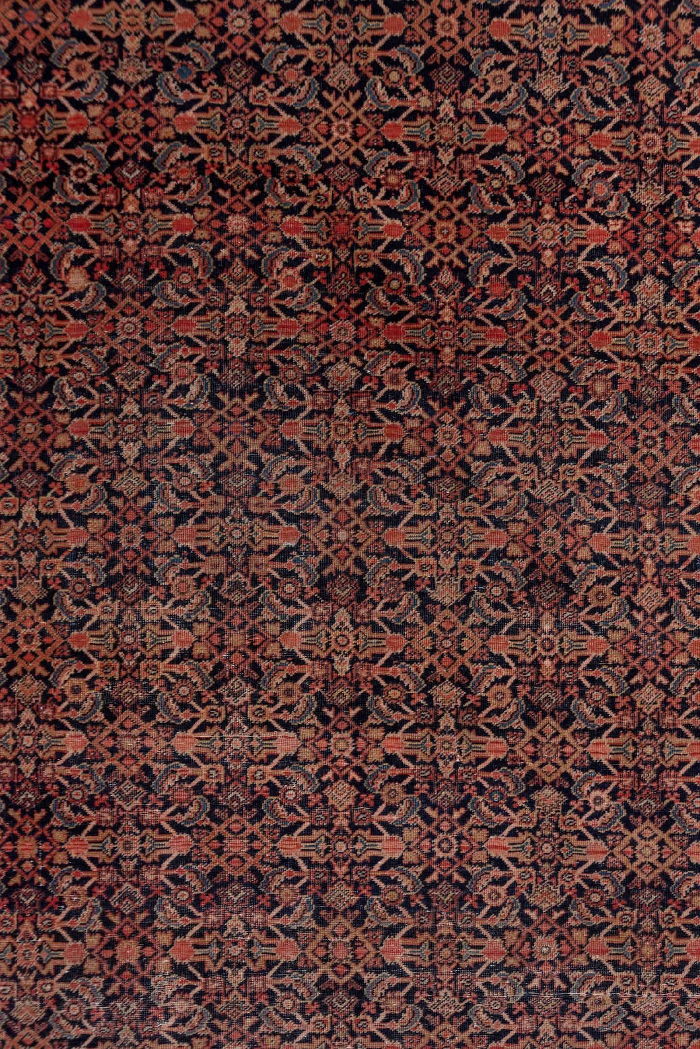 4' x 6' one-of-a-kind handmade vintage Far.Sarouk small size rug. Color palette: navy, rust, rose, ivory, burgundy, slate