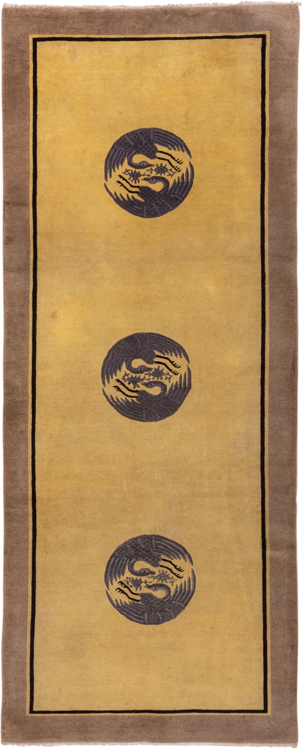 4' x 9' one-of-a-kind handmade antique Chinese runner rug. Color palette: gold, taupe, charcoal, camel, beige, gray, black