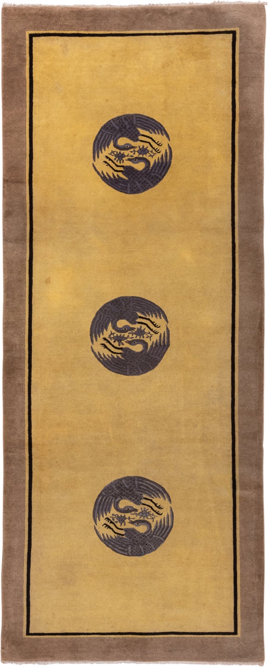 4' x 9' one-of-a-kind handmade antique Chinese runner rug. Color palette: gold, taupe, charcoal, camel, beige, gray, black