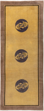 4' x 9' one-of-a-kind handmade antique Chinese runner rug. Color palette: gold, taupe, charcoal, camel, beige, gray, black