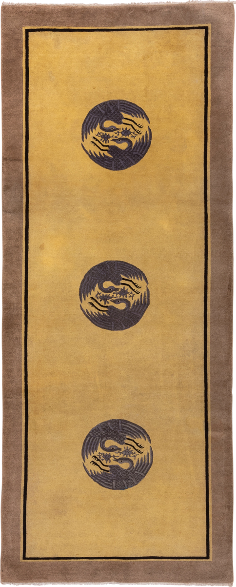 4' x 9' one-of-a-kind handmade antique Chinese runner rug. Color palette: gold, taupe, charcoal, camel, beige, gray, black