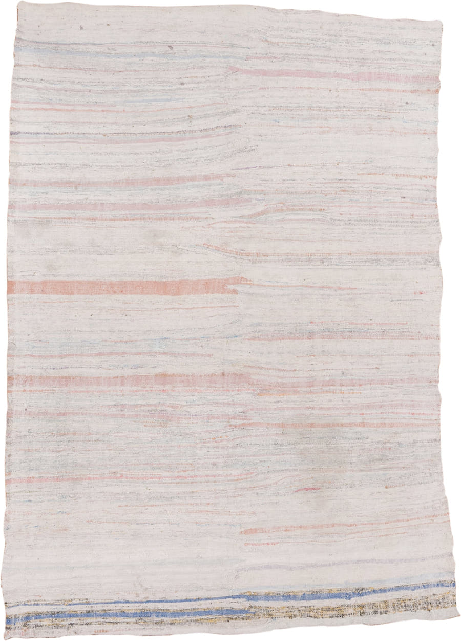 5' x 7' one-of-a-kind handmade antique Rag Rug rug. Color palette: ivory, blush, pale blue, peach, taupe, pink, light blue