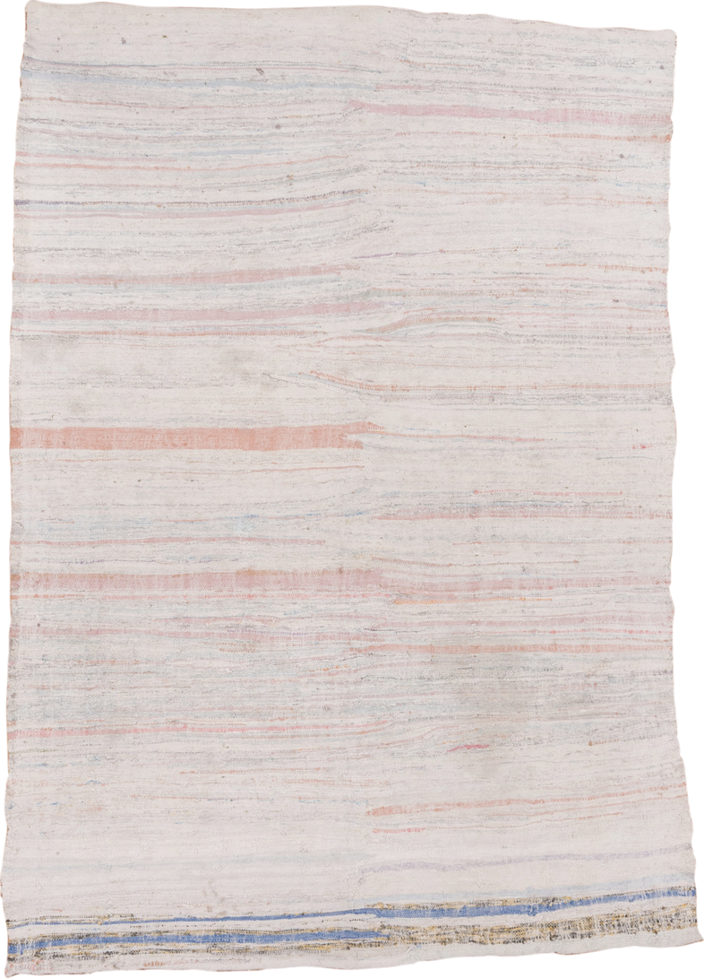 5' x 7' one-of-a-kind handmade antique Rag Rug rug. Color palette: ivory, blush, pale blue, peach, taupe, pink, light blue